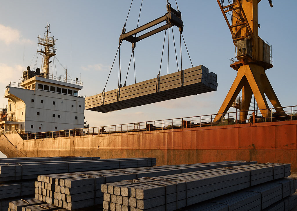 steel billets lifted with a crane