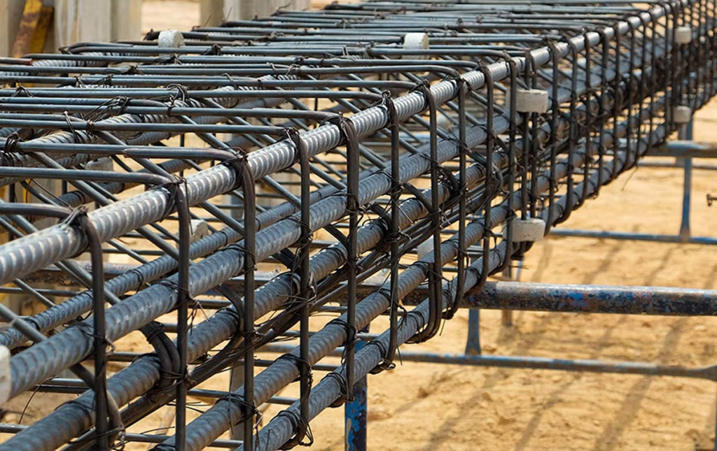 close up steel rebars in a structural formation