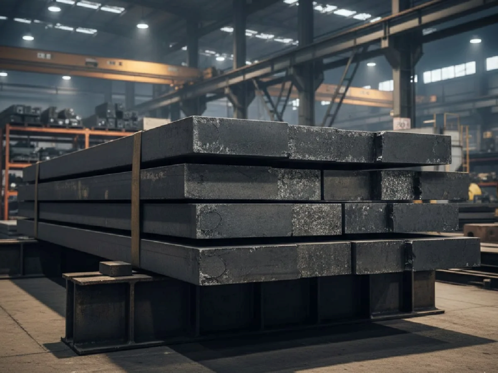 steel slabs stacked on top of each other in a factory warehouse