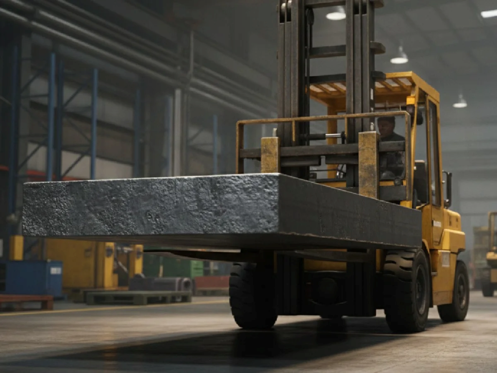 a single steel slab carried by a forklift