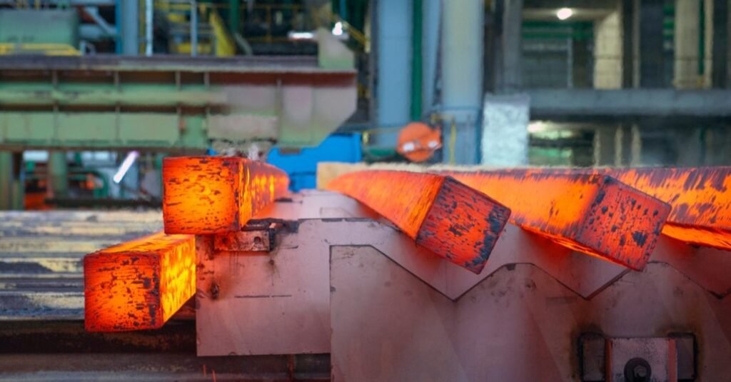 Molten steel casting into iron billets