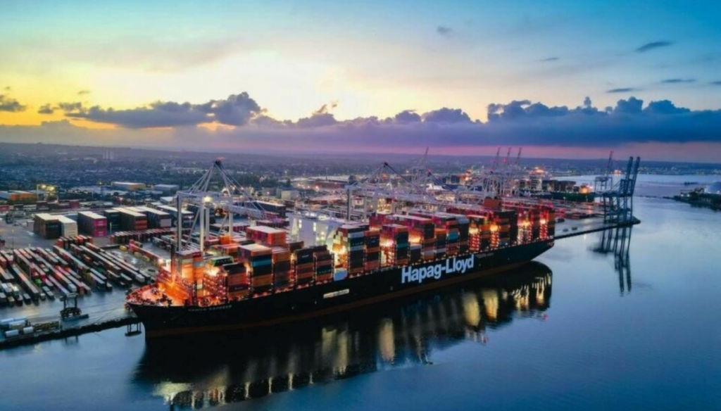 a large container ship at bay